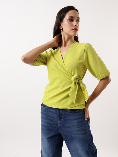 DL Woman Green Solid Textured V-Neck Half Sleeves Tie-Up Top