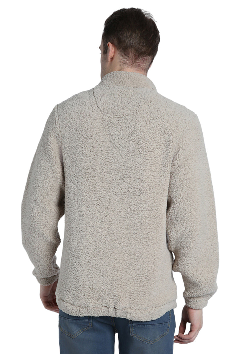 Men's High Neck Regular Fit Solid Fleece Beige Jackets