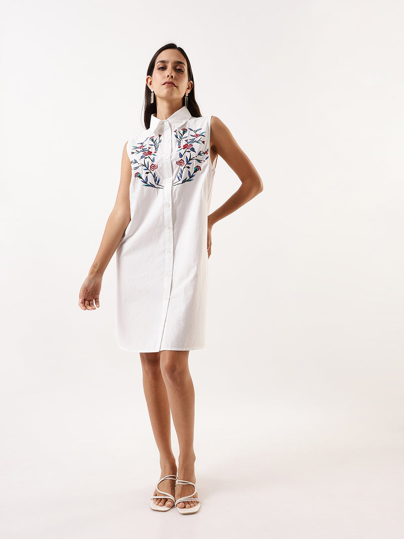DL Woman White Embroidered Spread Collar Sleeveless Shirt Dress
