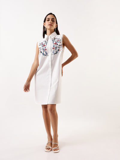DL Woman White Embroidered Spread Collar Sleeveless Shirt Dress