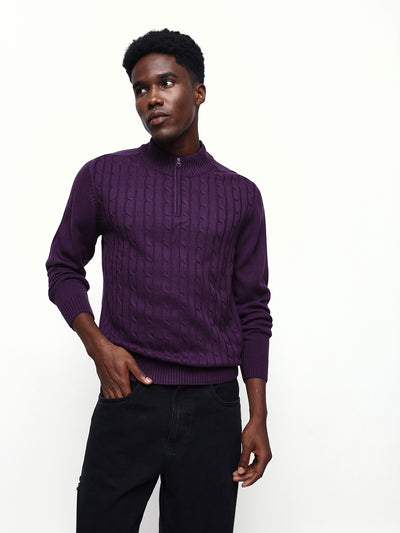Men's Cable Knit Solid Mock Collar Pullover Sweater