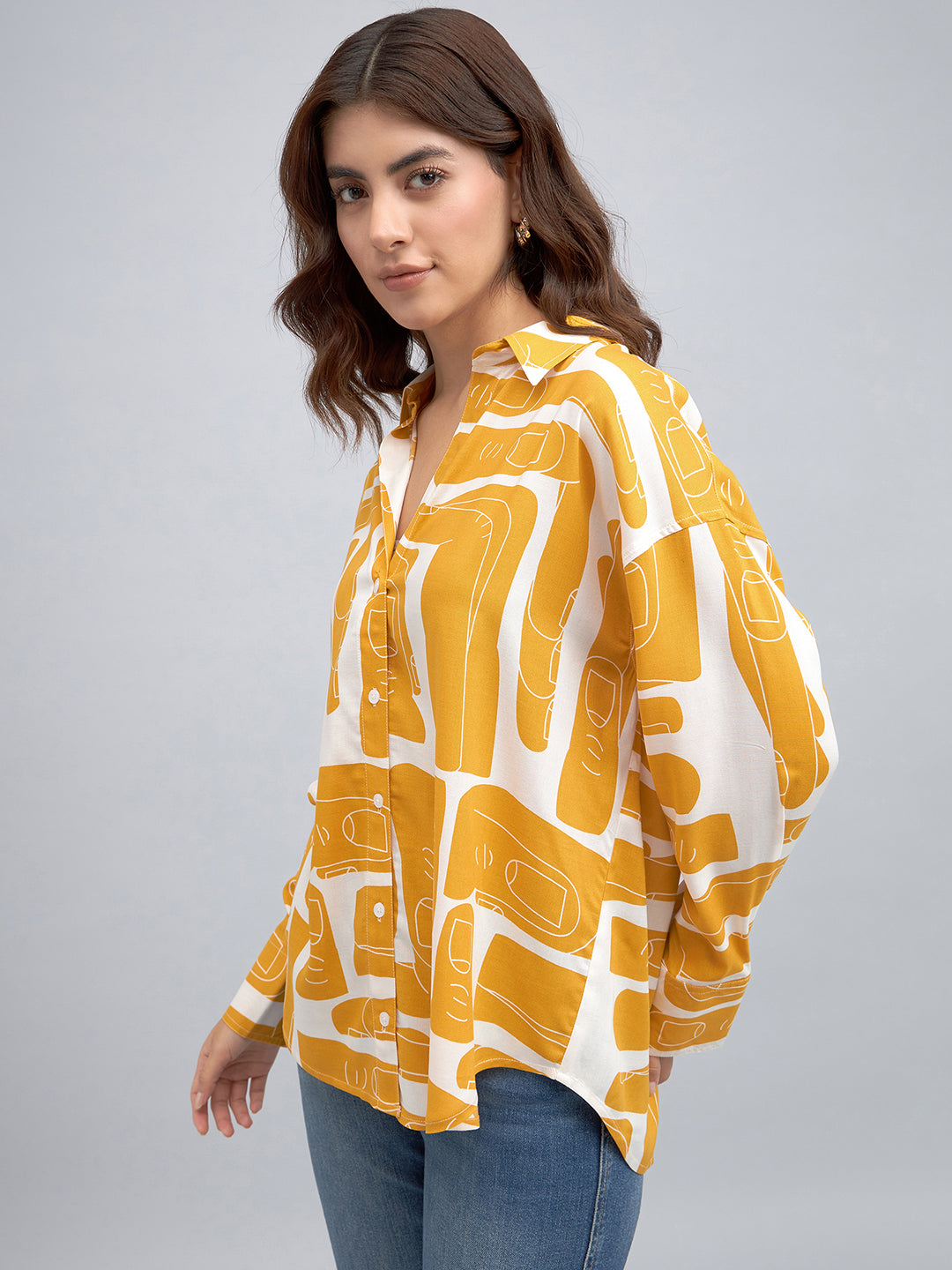 DL Woman Mustard Abstract Printed Oversized Casual Shirt
