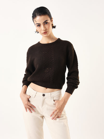 DL Woman Solid Round Neck Full Sleeves Crochet Sweater