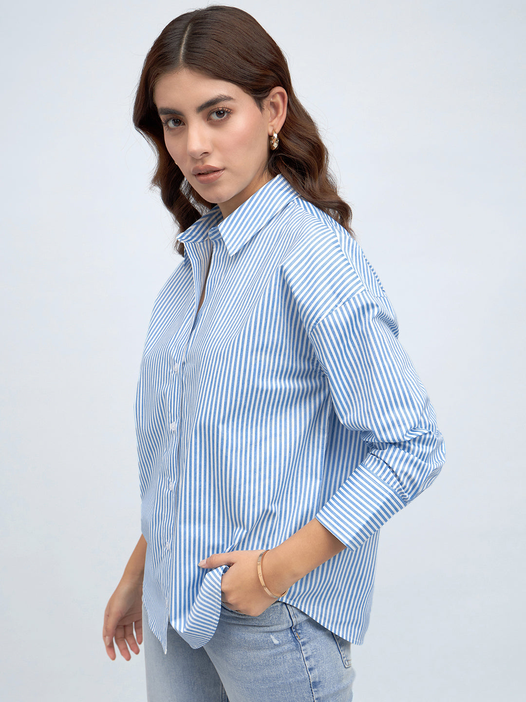 Light Blue Vertical Striped Relaxed Fit Cotton Casual Shirt