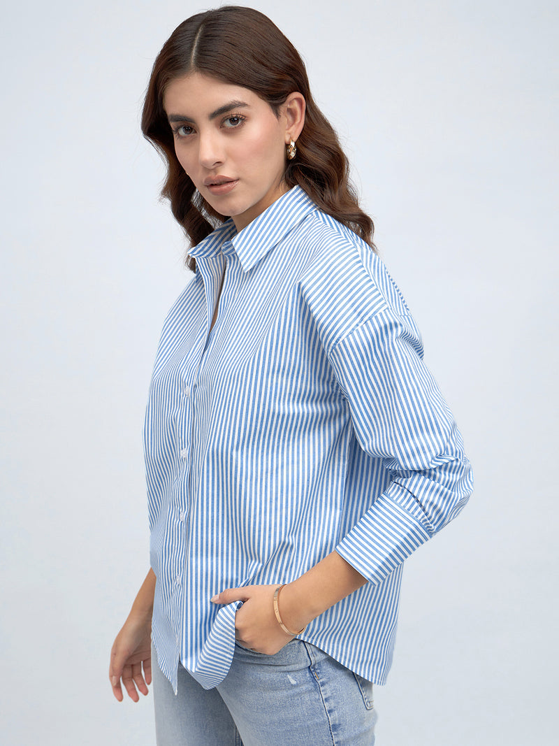 DL Woman Light Blue Vertical Striped Relaxed Fit Cotton Casual Shirt