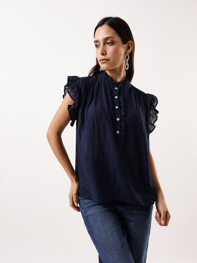 DL Woman Navy Solid Textured Sleeveless Round Neck Ruffle Top
