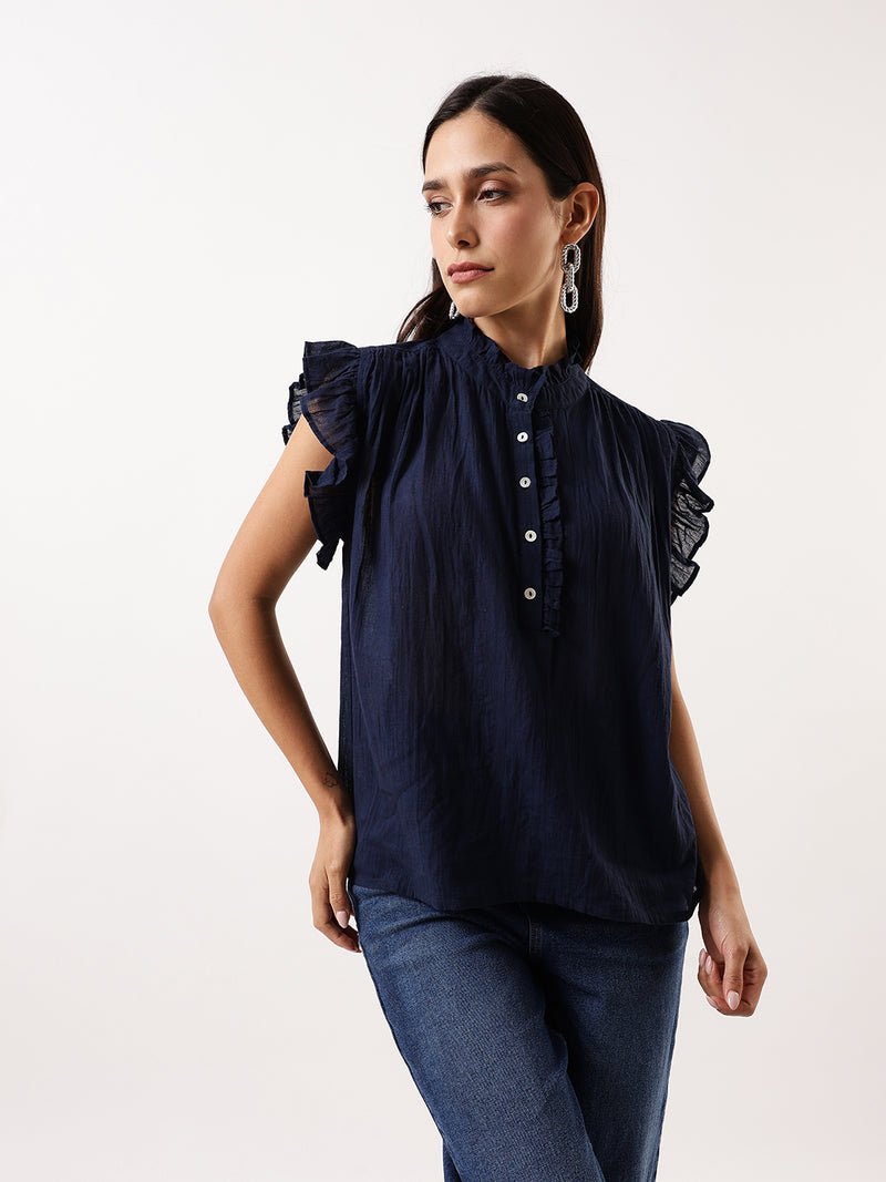 DL Woman Navy Solid Textured Sleeveless Round Neck Ruffle Top