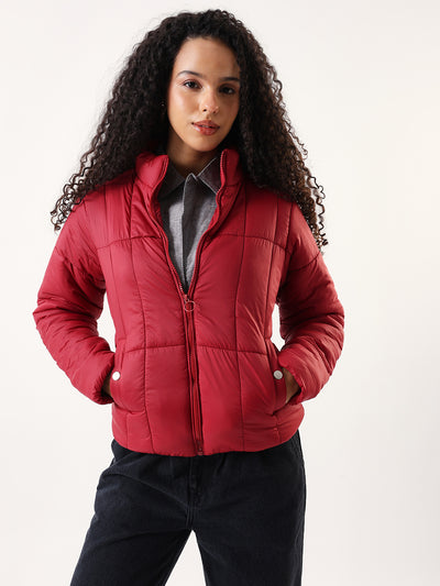 DL Woman Maroon Solid Stand Collar Full sleeves Puffer Jacket