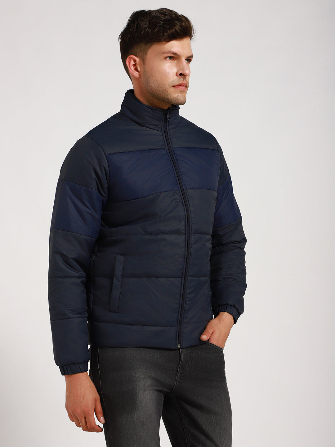 Dennis Lingo Men's Denim Panelled High Neck Full Sleeve Puffer W/O hood Jackets