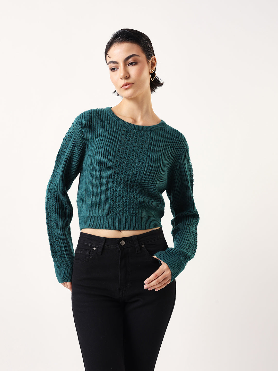 Solid Round Neck Full Sleeves Crochet Sweater