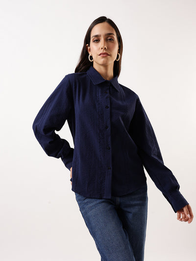 DL Woman Blue Textured Striped Spread Collar Full Sleeves Relaxed Fit Shirt