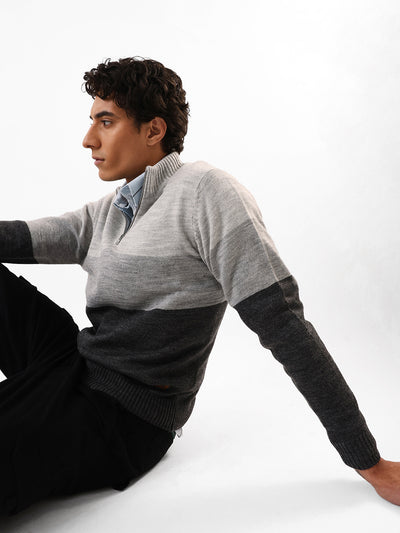 Men's Colourblocked Mock Collar Pullover Sweater