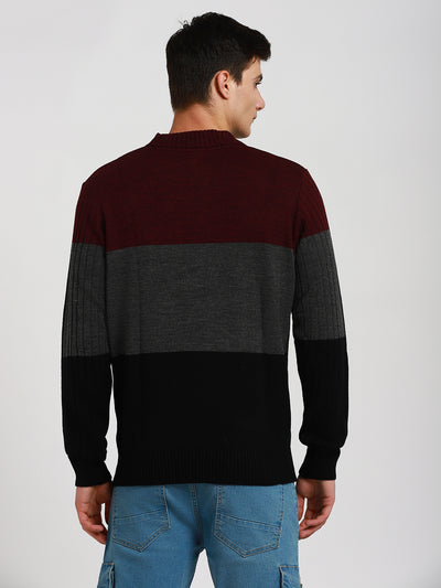 Men's Maroon Colorblock Round neck Pullover Sweater