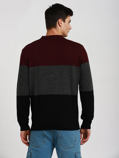 Dennis Lingo Men's Maroon Colourblock  Full Sleeves Pullover Sweater