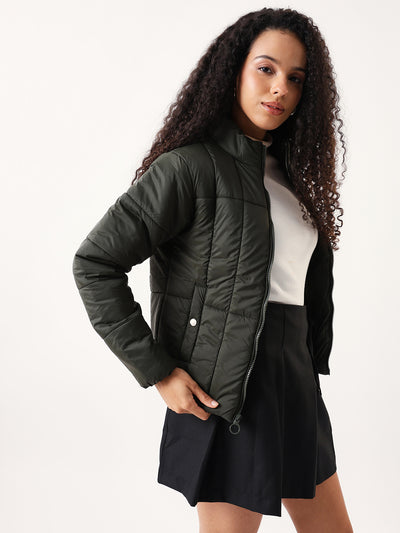 DL Woman Olive Solid Stand Collar Full sleeves Puffer Jacket