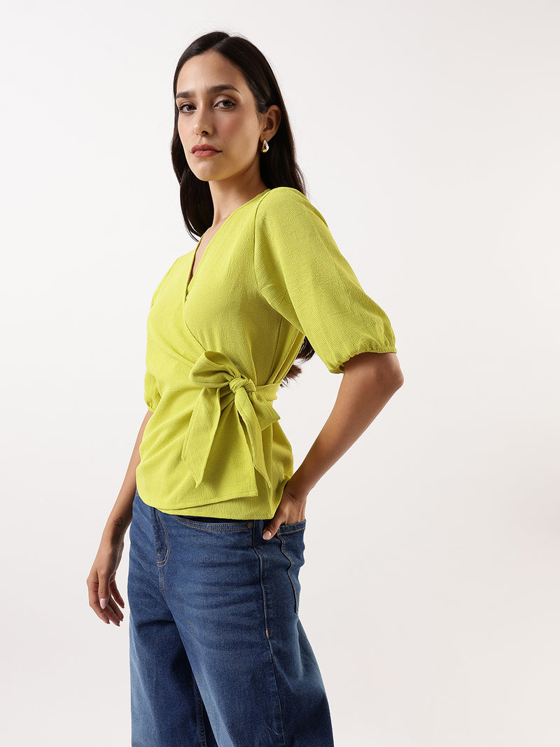 DL Woman Green Solid Textured V-Neck Half Sleeves Tie-Up Top