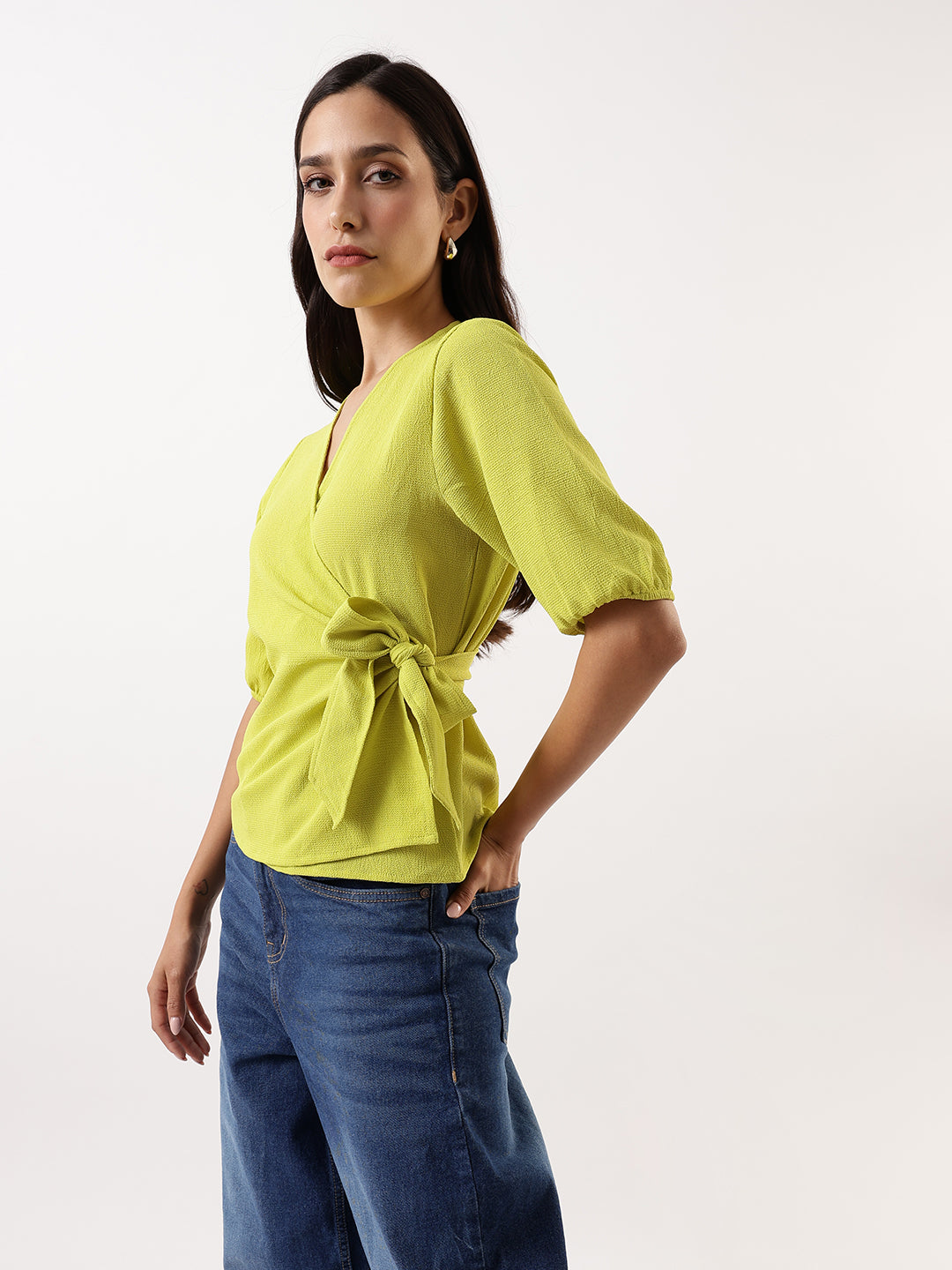 DL Woman Green Solid Textured V-Neck Half Sleeves Tie-Up Top