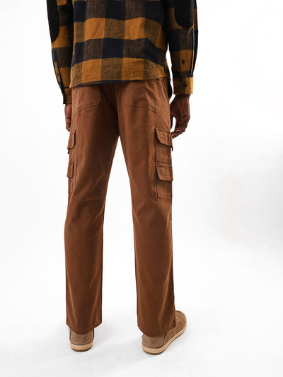 Men's Brown Solid Cotton Relaxed Fit Mid-Rise Cargo Trousers