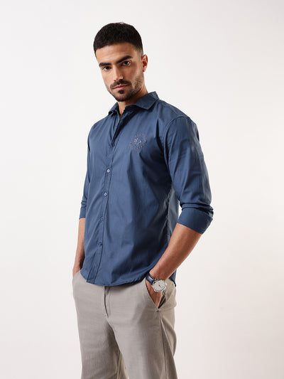 Men Blue Solid Spread Collar Embroidered Shirt