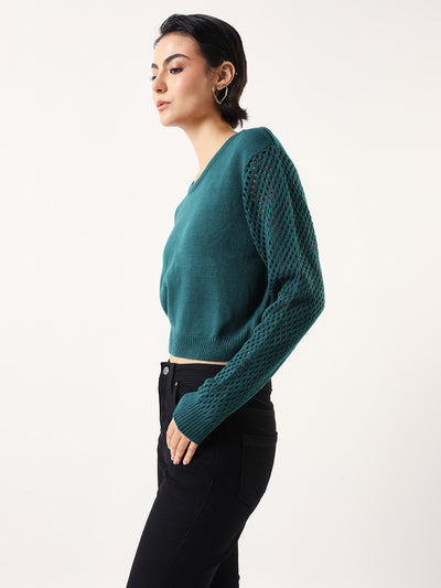DL Woman Solid Round Neck Pointelle Knit Sweater