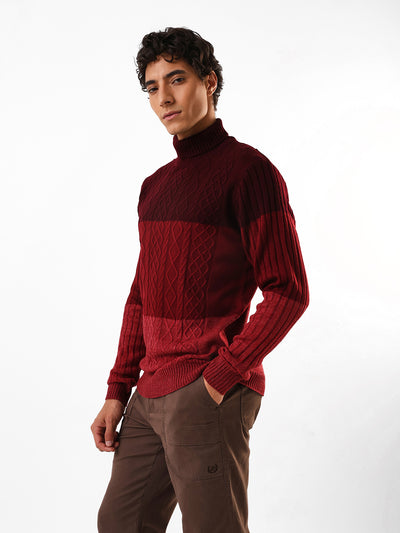 Men's Colourblocked Cable Knit Turtle Neck Pullover Sweater
