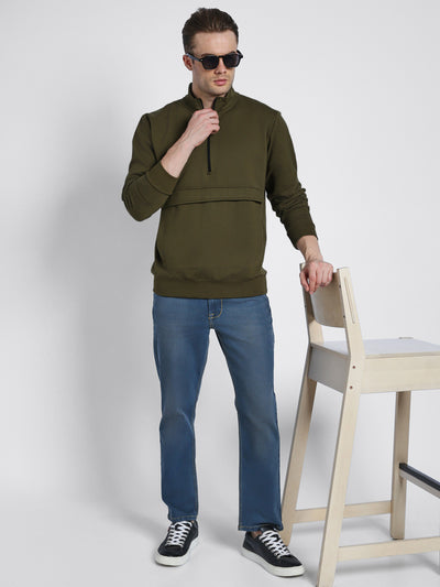 Dennis Lingo Men's Olive Mock Neck Full Sleeves Half Zipper Sweatshirt