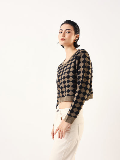 DL Woman Diamond Checks Round Neck Full Sleeves Sweater