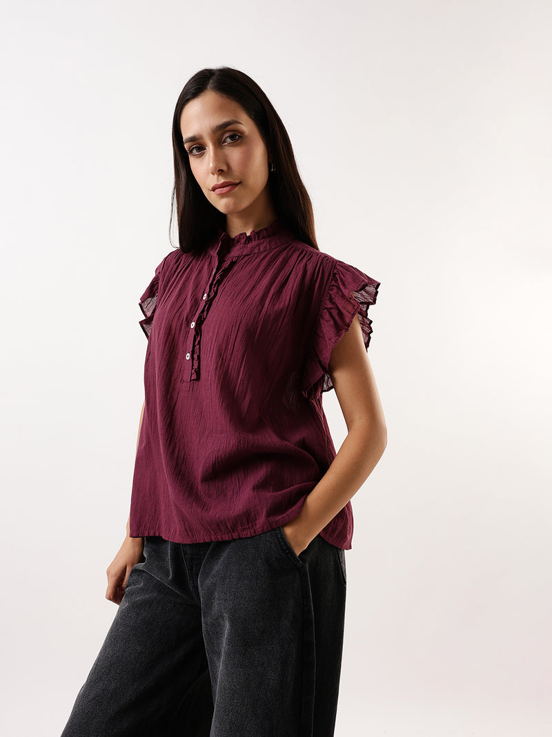 DL Woman Mauve Solid Textured Sleeveless Round Neck Ruffle Top