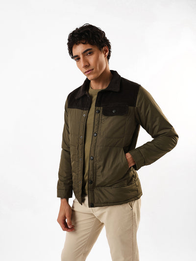 Men's Black & Olive Colourblocked Spread Collar Full Sleeves Puffer Jacket