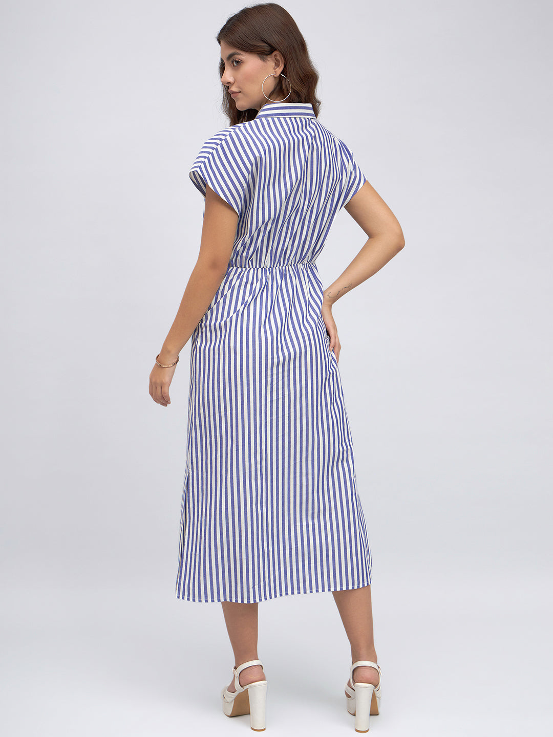 DL Woman Blue Striped Tie-Up Cotton Shirt Style Midi Dress