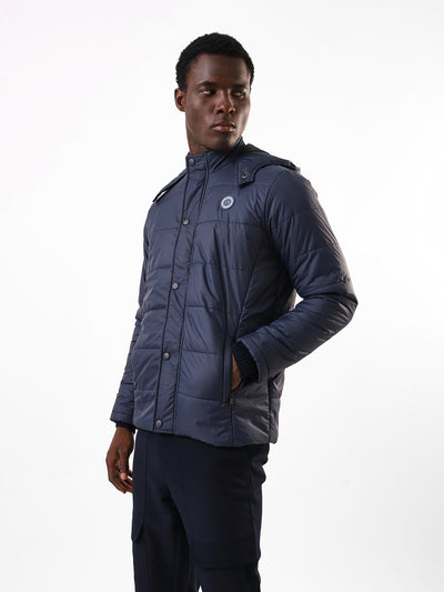 Men's Navy Solid Hooded Full Sleeves Puffer Jacket