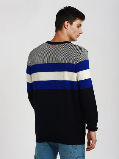 Dennis Lingo Men's Navy Striper  Full Sleeves Pullover Sweater