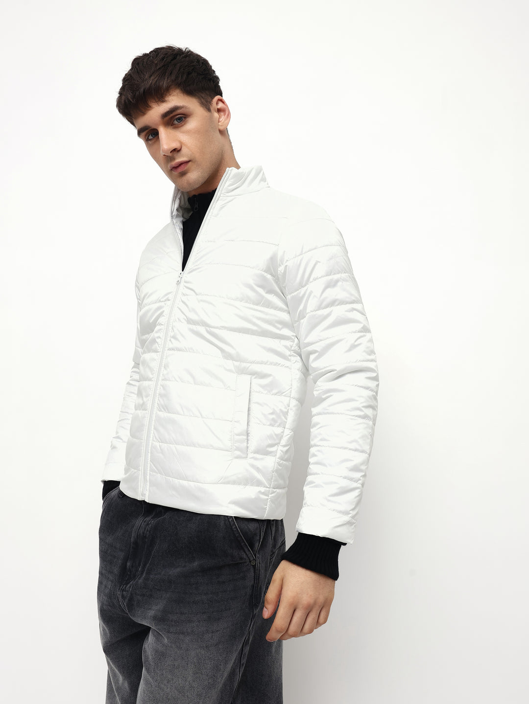 Mens Long-Sleeve Jacket - Lightweight Casual Winterwear  (White)