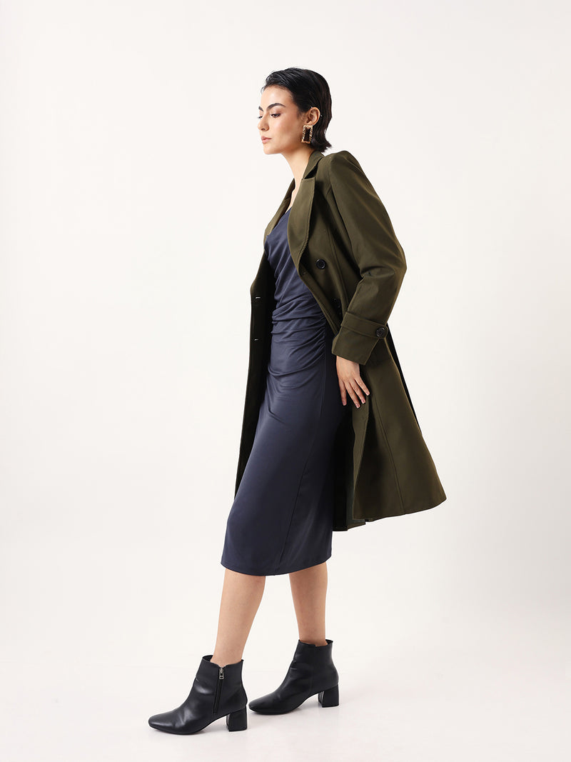 DL Woman Solid Full Sleeves Lapel Collar Trench Coat