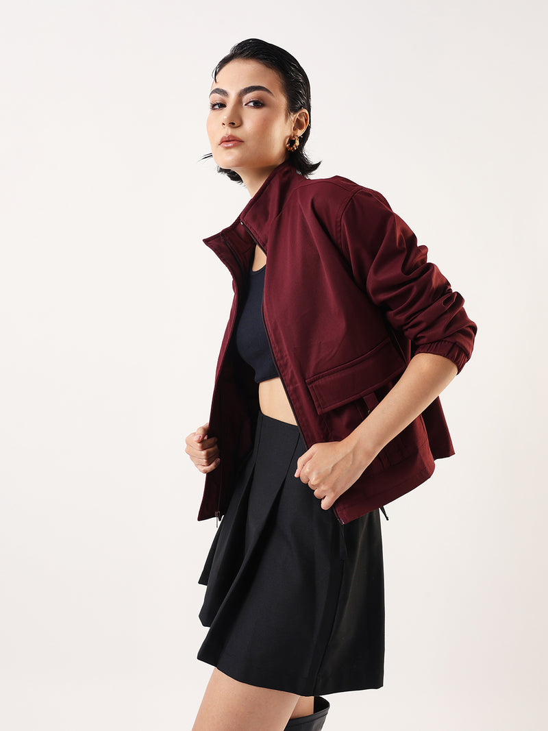 DL Woman Cream Solid Mock Collar Full Sleeves Jacket