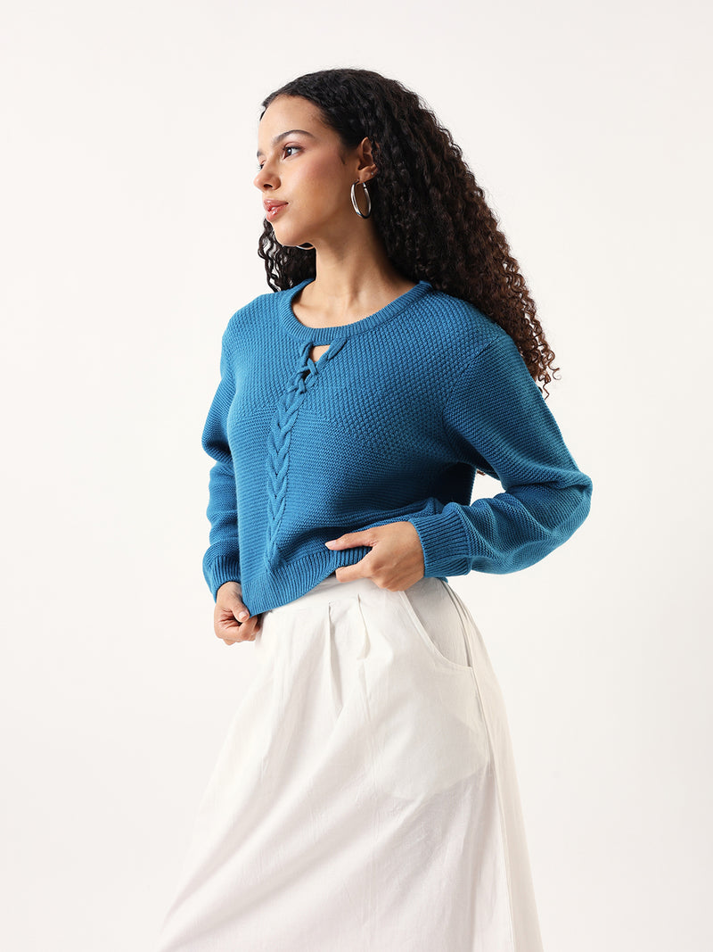 DL Woman Solid Round Neck Full Sleeves Cable Knit Sweater