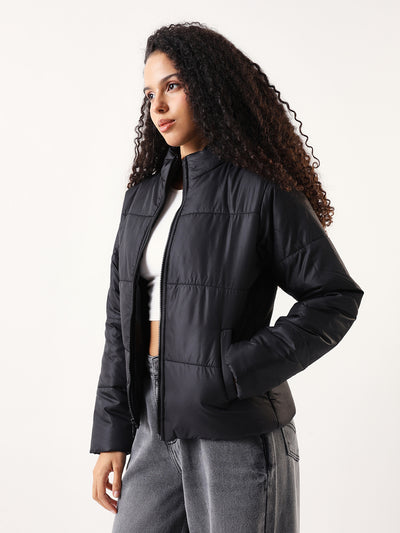 DL Woman Black Solid Mock Collar Full sleeves Puffer Jacket