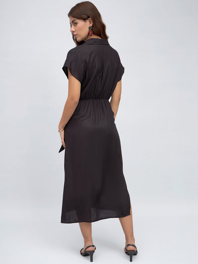 DL Woman Shirt Collar Regular Fit Solid Black Midi Tie-Up Dress