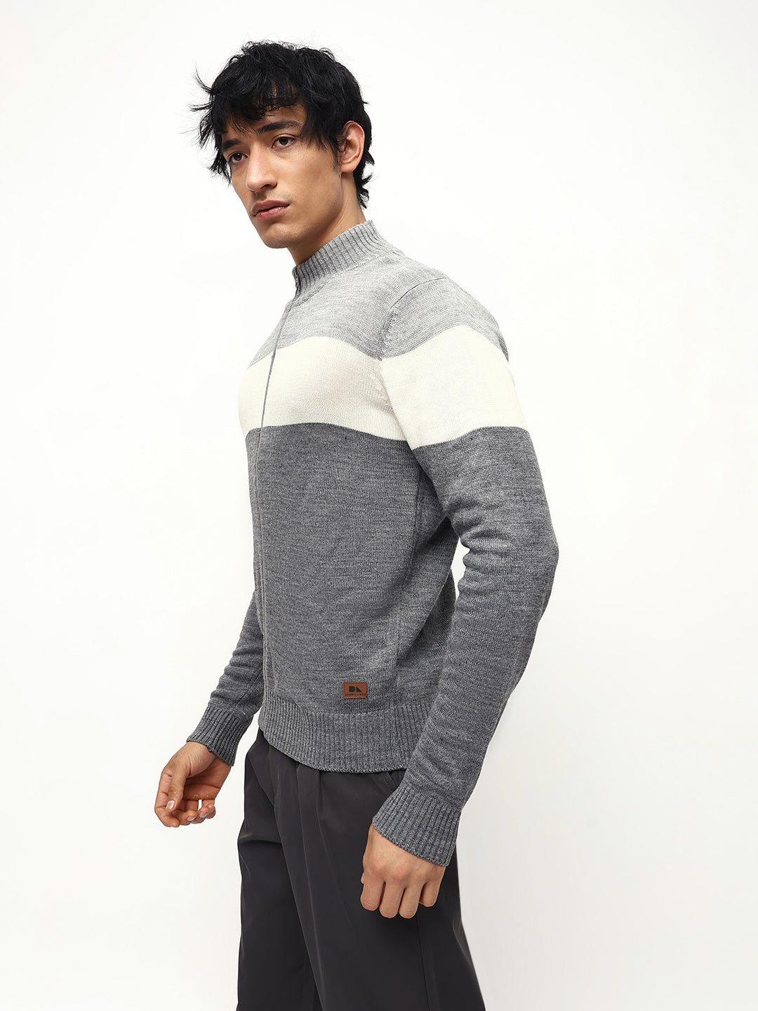 Men's Mock Regular Fit Solid Grey Full Sleeves Sweater