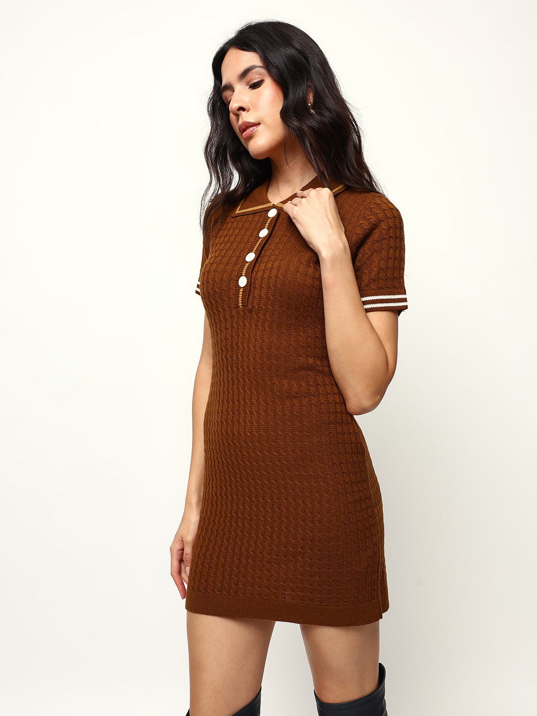 Solid Half Sleeves Spread Collar Shirt Dress