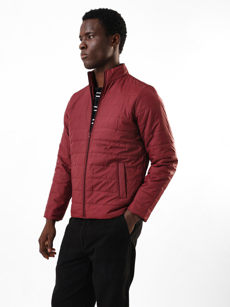 Men's Maroon Solid Mock Collar Full Sleeves Puffer Jacket