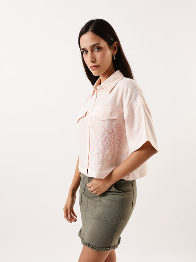 DL Woman OffWhite Embroidered Half Sleeves Spread Collar Textured Boxy Shirt