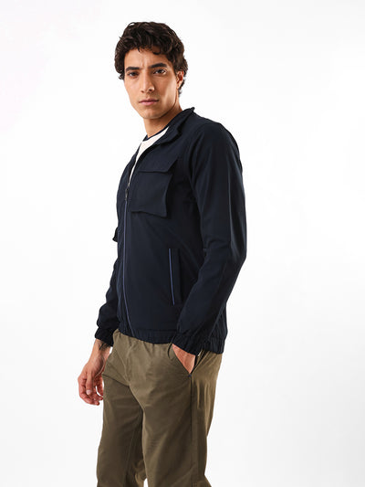 Men's Navy Solid Mock Collar Full Sleeves Lightweight Open-Front Jacket