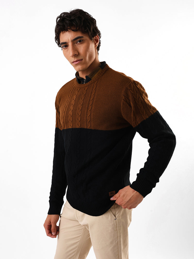 Men's Black & Brown Colourblocked Cable Knit Round Neck Pullover Sweater