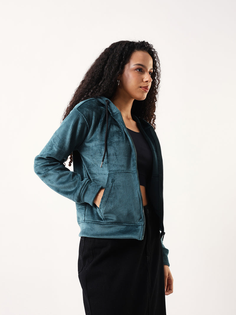 DL Woman Solid Full Sleeves Hooded Velvet Jacket