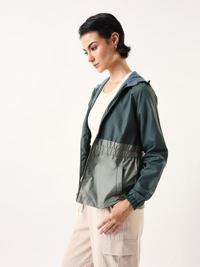 DL Woman Colourblocked Full Sleeves Hooded Casual Jacket