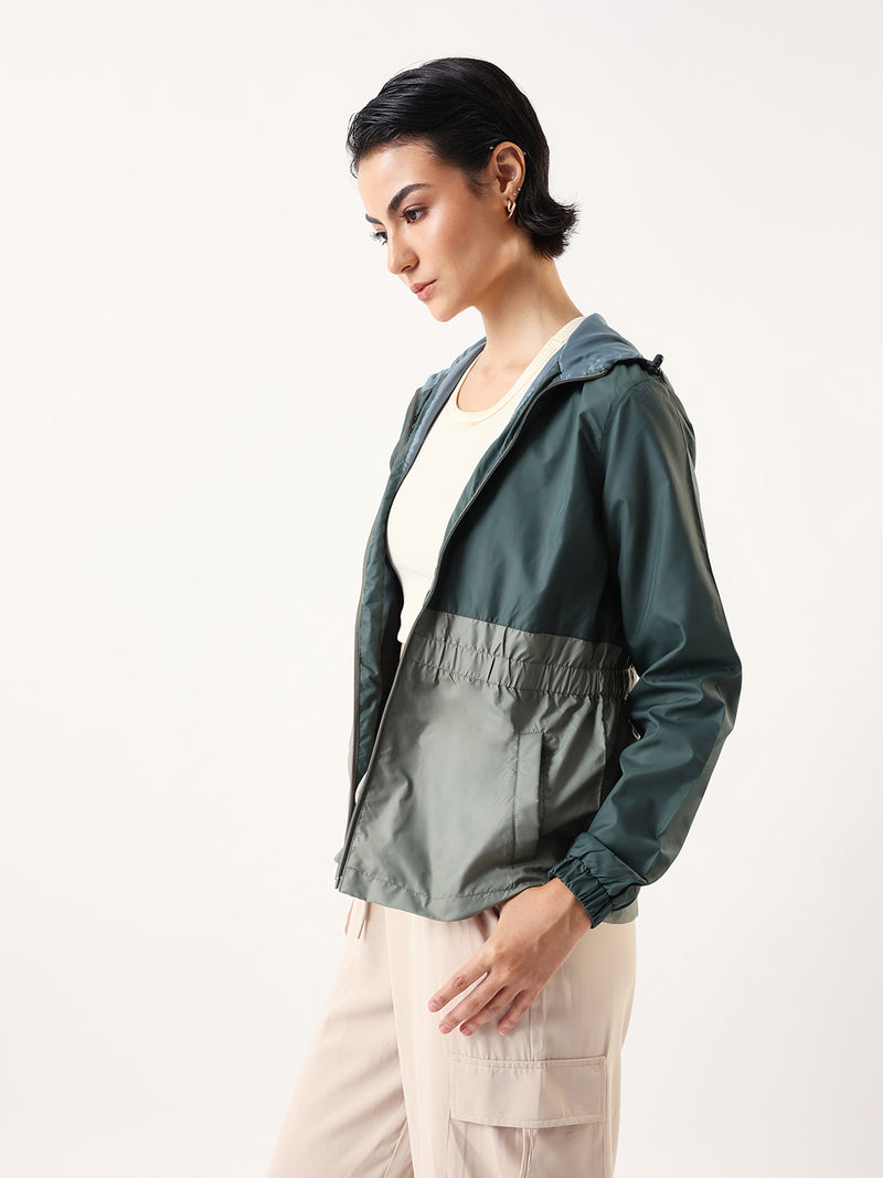 DL Woman Colourblocked Full Sleeves Hooded Casual Jacket