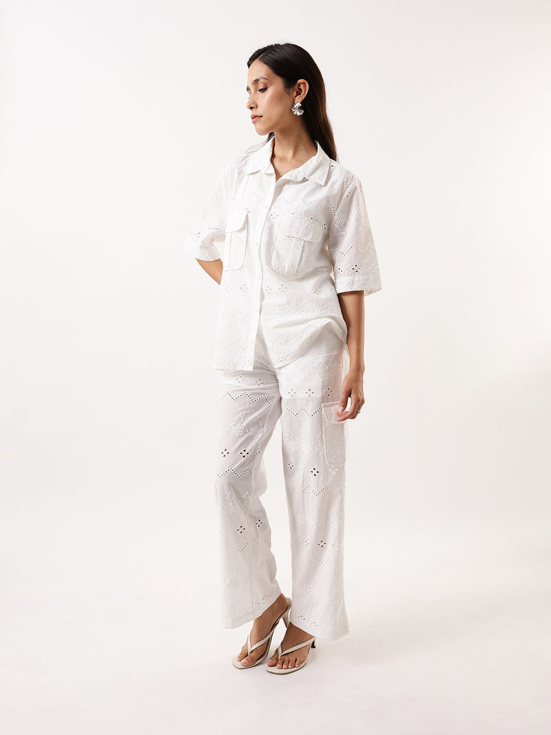 DL Woman White Schiffli Half Sleeves Shirt with Trousers Co-ords