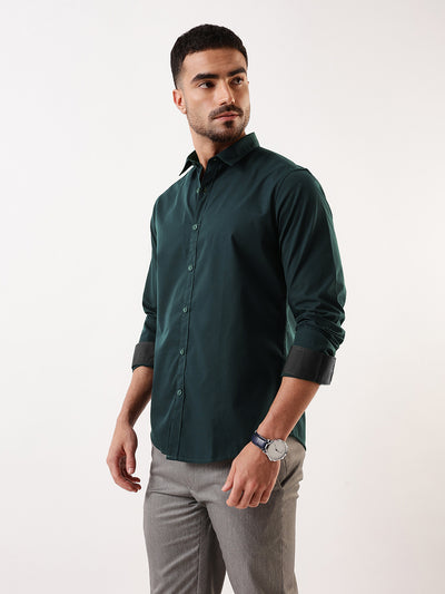 Men Bottle Green Solid Spread Collar Full Sleeves Regular Fit Casual Shirt