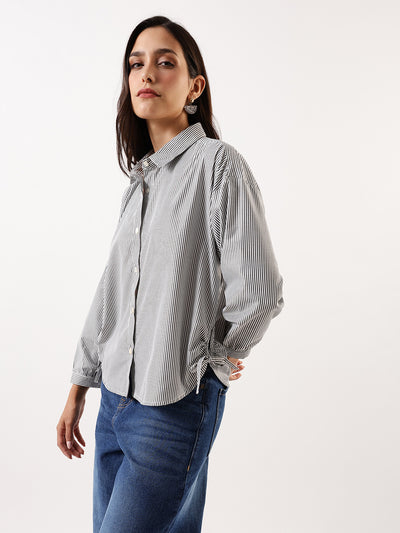 DL Woman Black Striped Spread Collar Full Sleeves Relaxed Fit Tie-Up Shirt